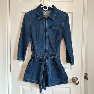 Free People Lennox Denim Zip Utility Jumpsuit Romper Shortall Shorts Size 4